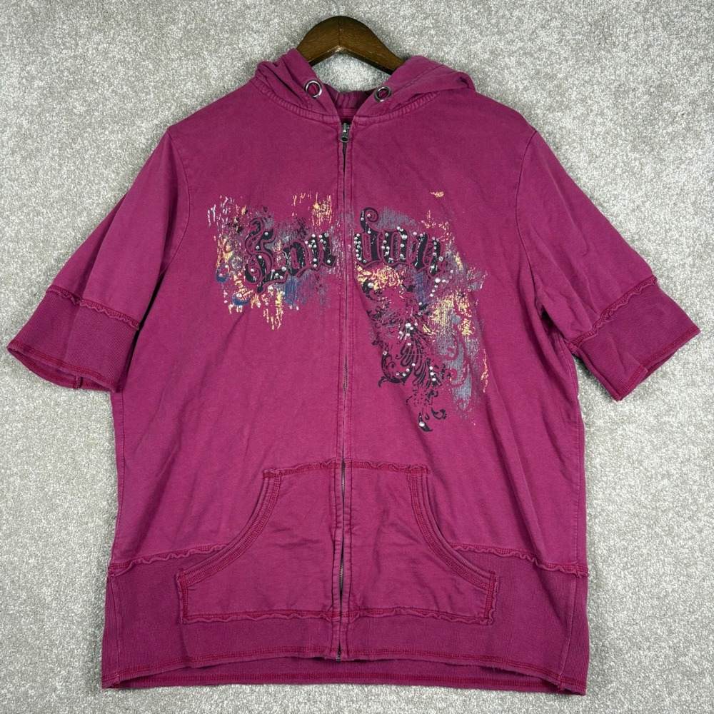 Maurices Pink London Graphic Rhinestone Short Sleeve Zip Up Hoodie Y2K Size 2x
